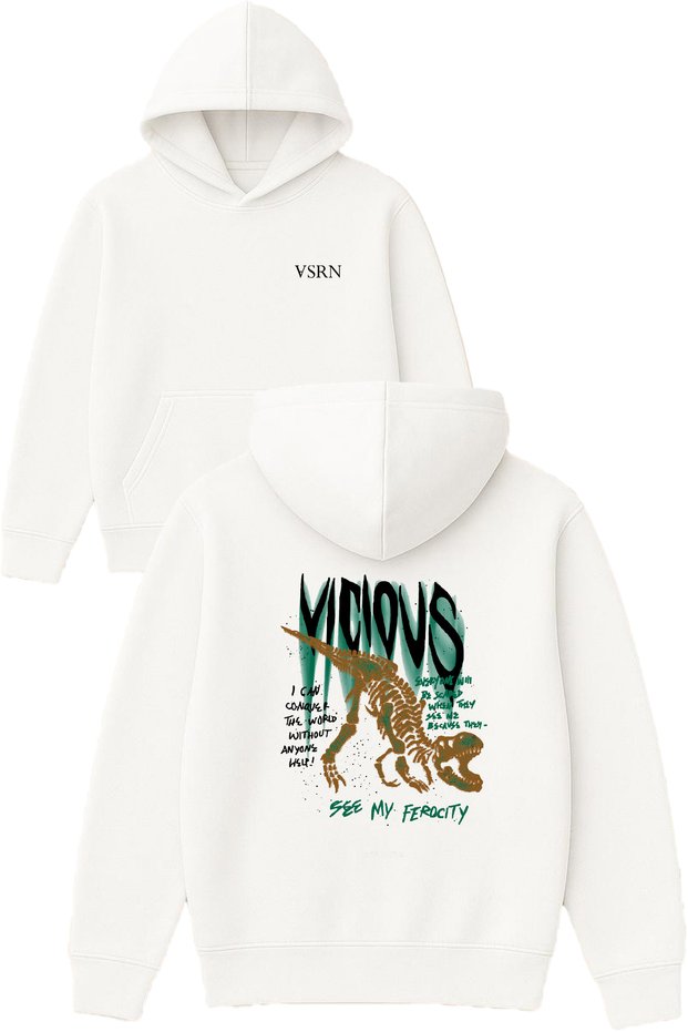 See My Ferocity Design Printed Oversized White Hooded Sweatshirt