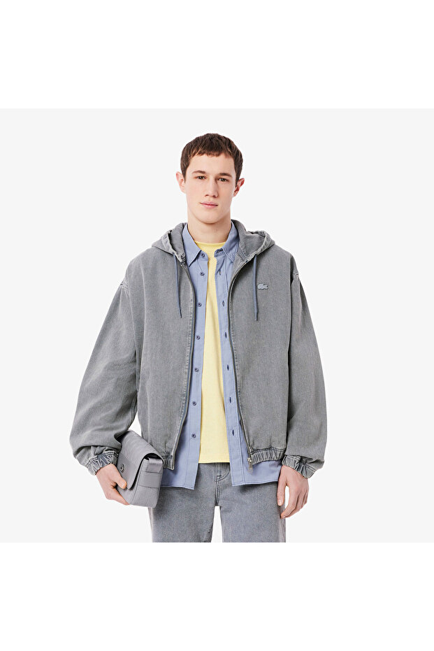 Erkek Kapüşonlu Denim Gri Ceket - 1