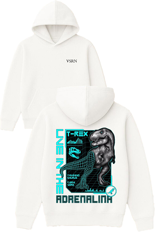 T Rex Design Printed Oversized White Hooded Sweatshirt