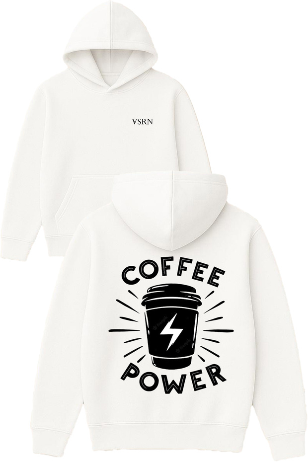 Coffee Power Design Printed Oversized White Hooded Sweatshirt