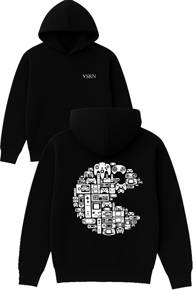 Game Consoles Design Printed Oversized Black Hooded Sweatshirt