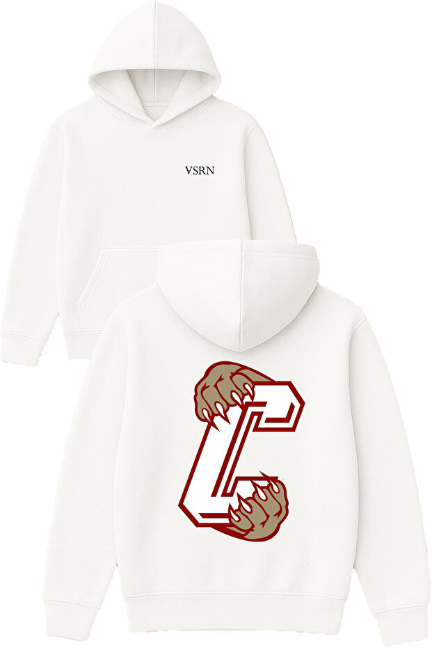 C Paw Design Printed Oversized White Hooded Sweatshirt