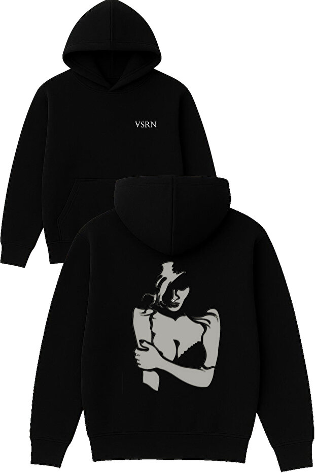Gray Women's Design Printed Oversized Black Hooded Sweatshirt
