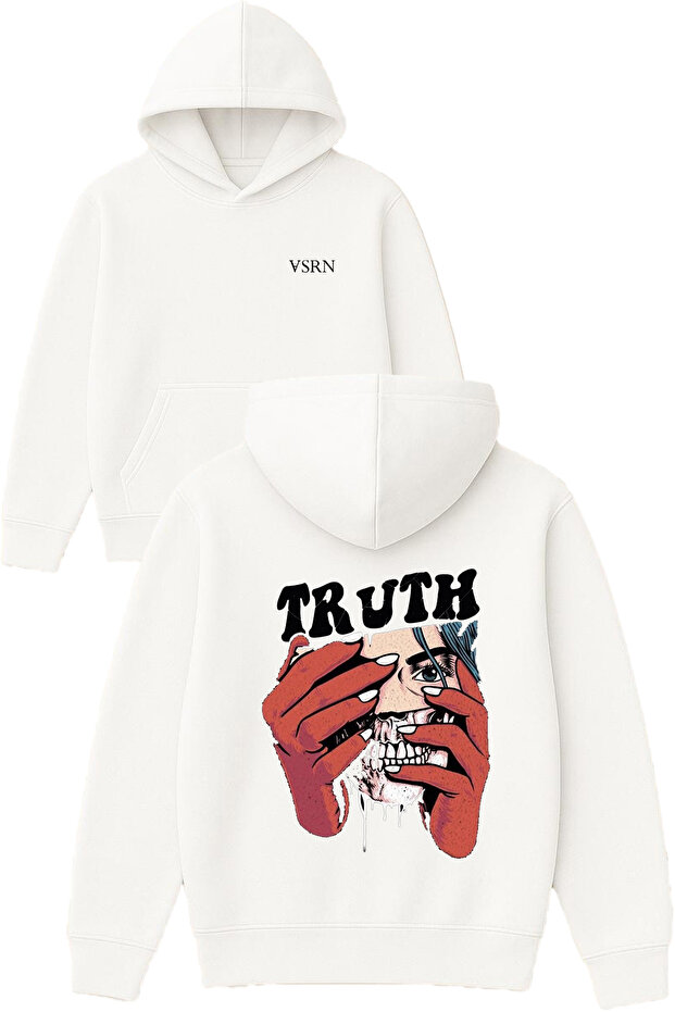 Truth Design Printed Oversized White Hooded Sweatshirt