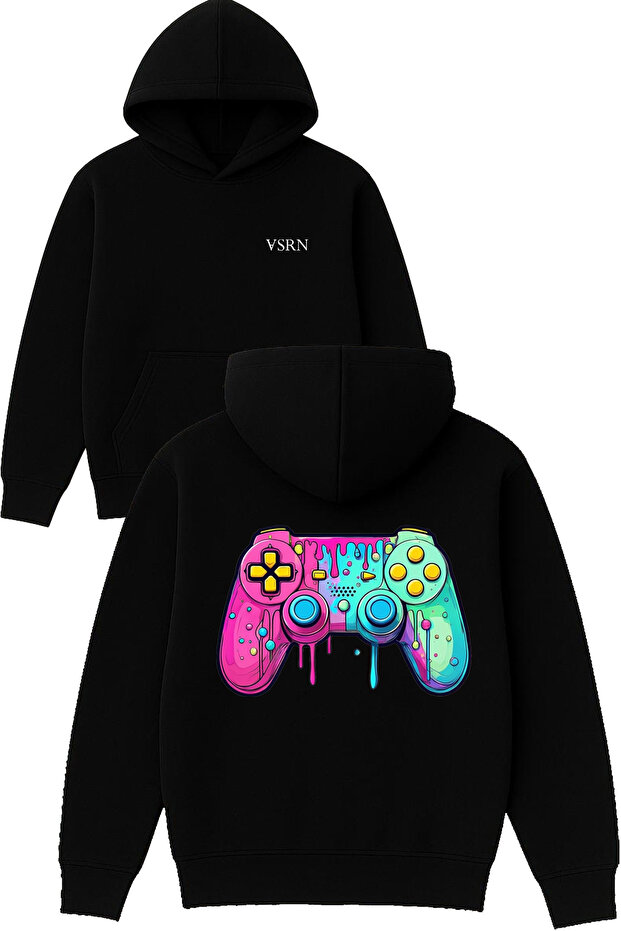 Game Handle Design Printed Oversized Black Hooded Sweatshirt