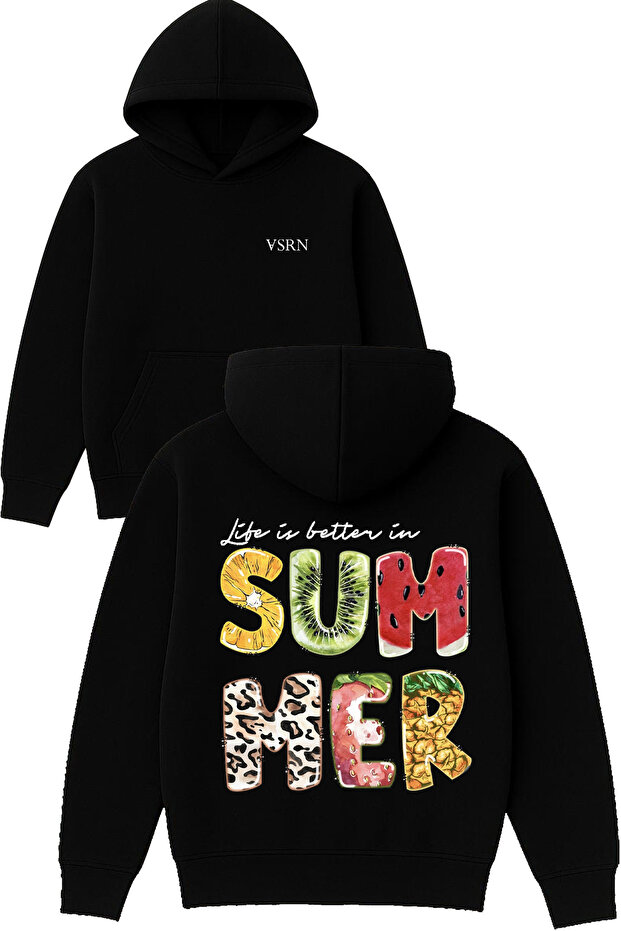 Life Is Better in Design Printed Oversized Black Hooded Sweatshirt