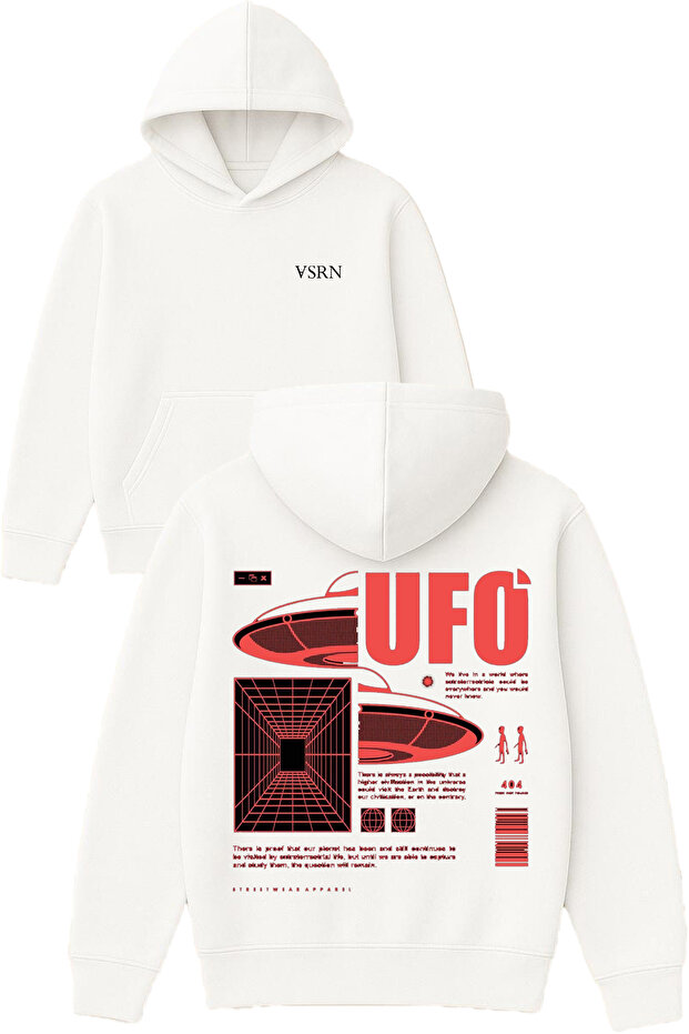 Ufo Design Printed Oversized White Hooded Sweatshirt