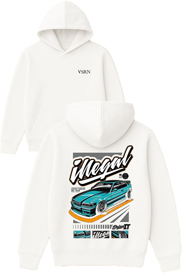 Illegal Drive Design B Printed O Oversized White K Hooded Sweatshirt