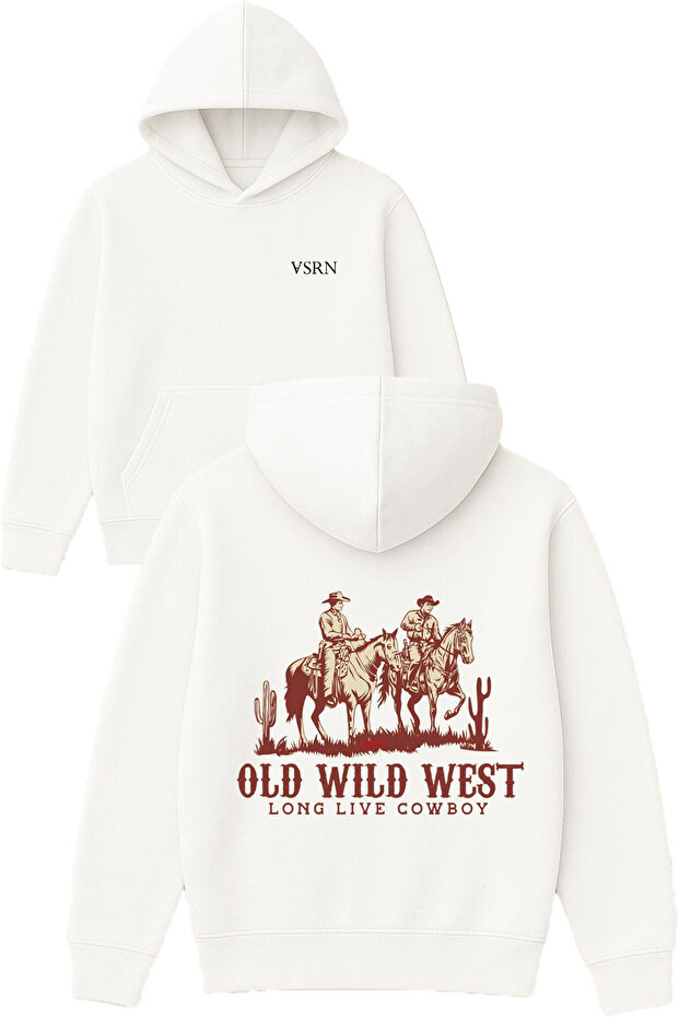 Old Wild West Design Printed Oversized White Hooded Sweatshirt