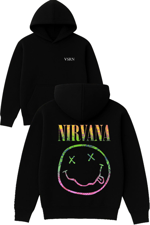 Nirvana Emoji Design Printed Oversized Black Hooded Sweatshirt