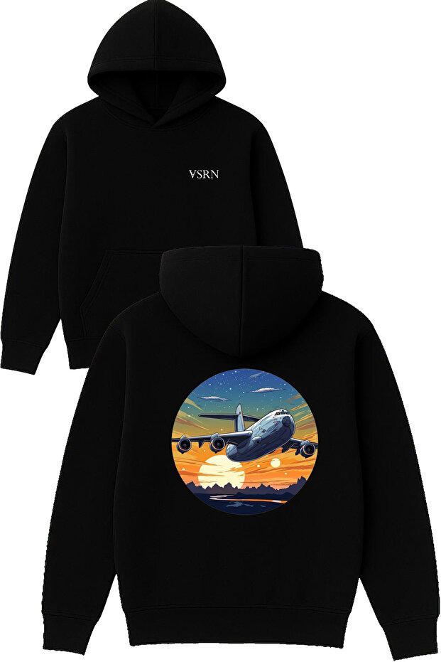 Airplane Design Printed Oversized Black Hooded Sweatshirt