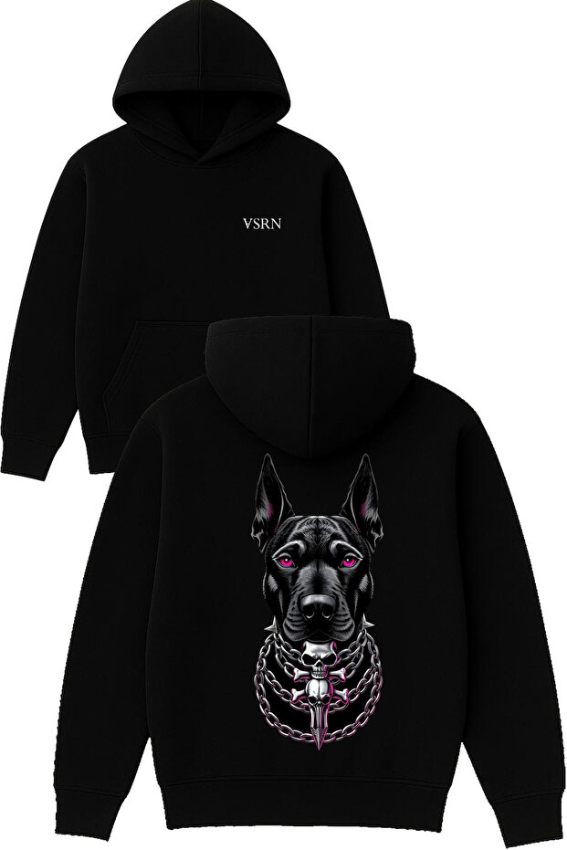 Chained Dog Design Printed Oversized Black Hooded Sweatshirt