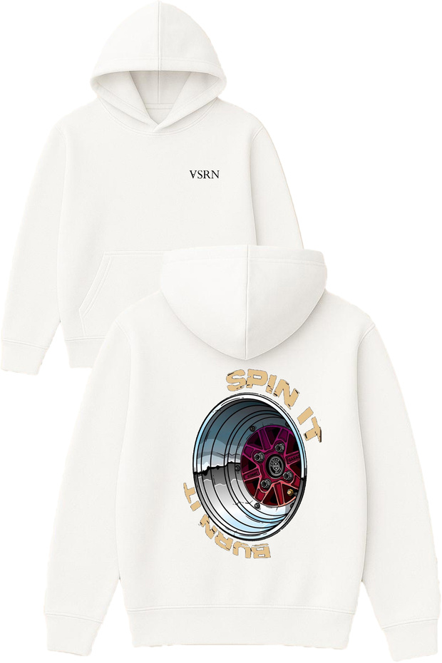 Spin It Burn It Design Printed Oversized White Hooded Sweatshirt