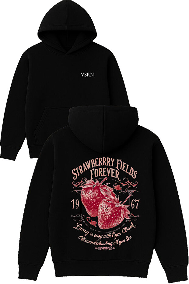 Strawberry Fields Design Printed Oversized Black Hooded Sweatshirt