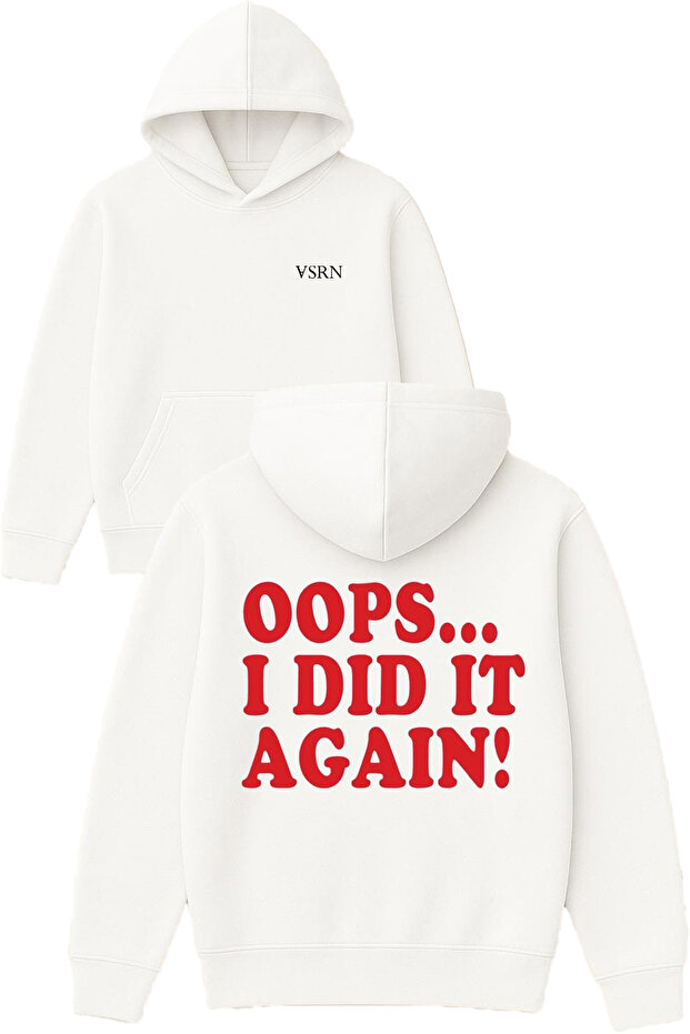 Oops Design Printed Oversized White Hooded Sweatshirt