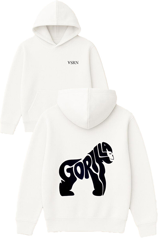 Gorilla Design Printed Oversized White Hooded Sweatshirt
