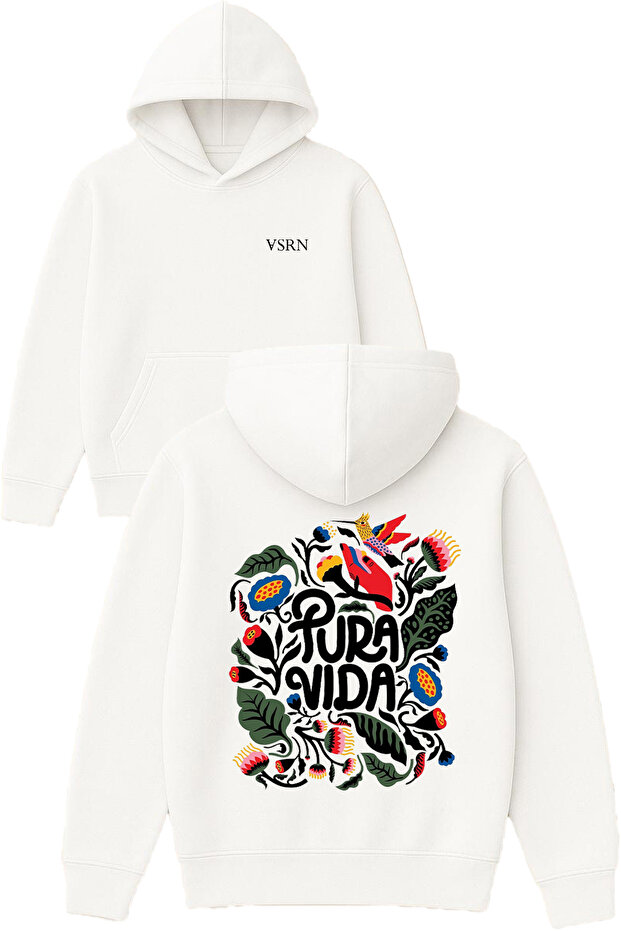 Pura Vida Design Printed Oversized White Hooded Sweatshirt