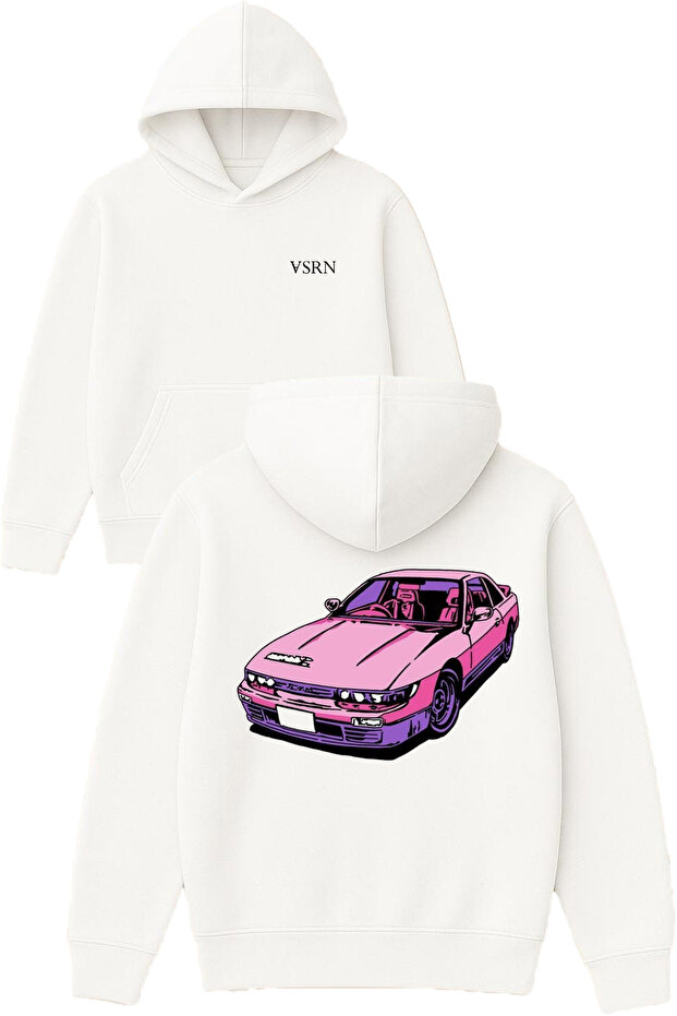 Pink Car Design Printed Oversized White Hooded Sweatshirt