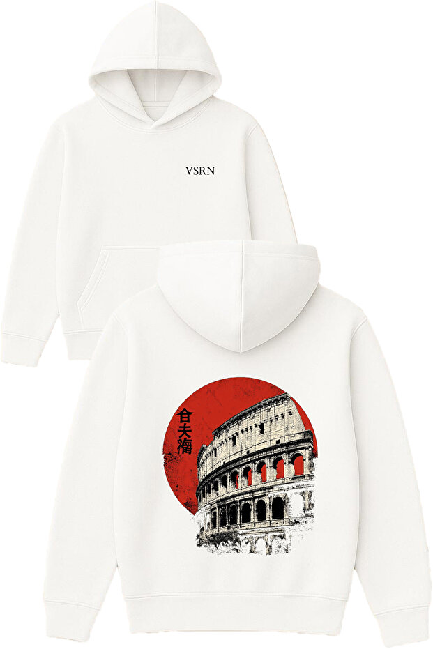 Japanese Roman Design Printed Oversized White Hooded Sweatshirt