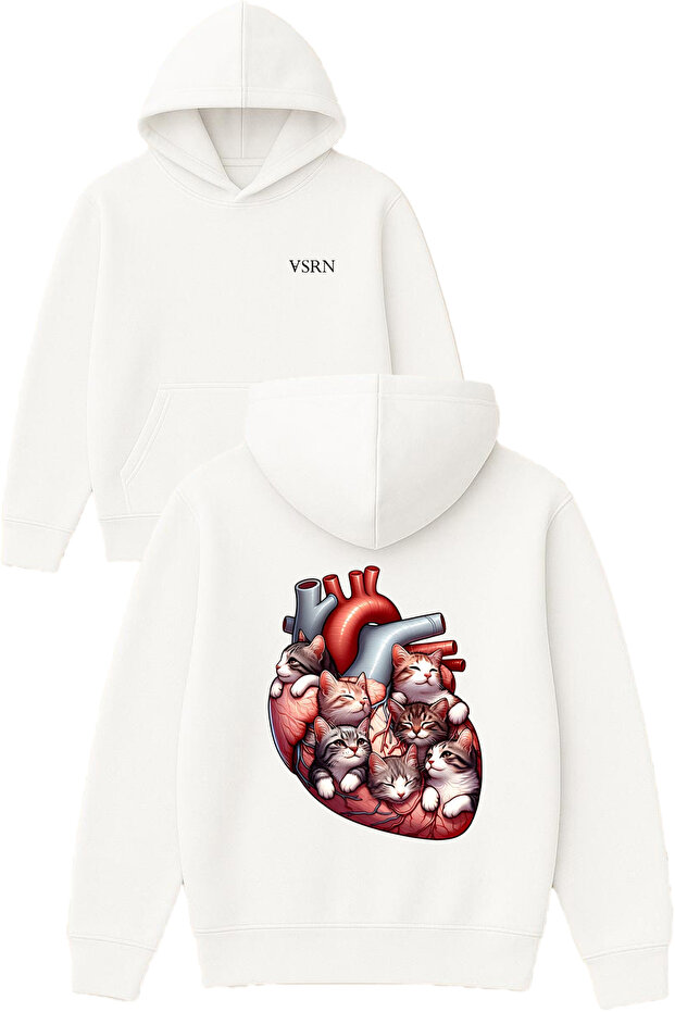 Cat Heart Design Printed Oversized White Hooded Sweatshirt