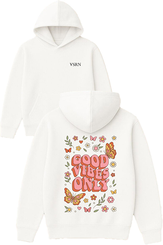 Floral Good Vibes Only Design Printed Oversized White Hooded Sweatshirt