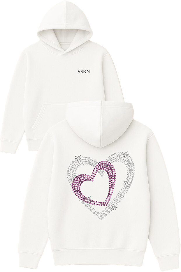 Heart Inside Heart Design Printed Oversized White Hooded Sweatshirt