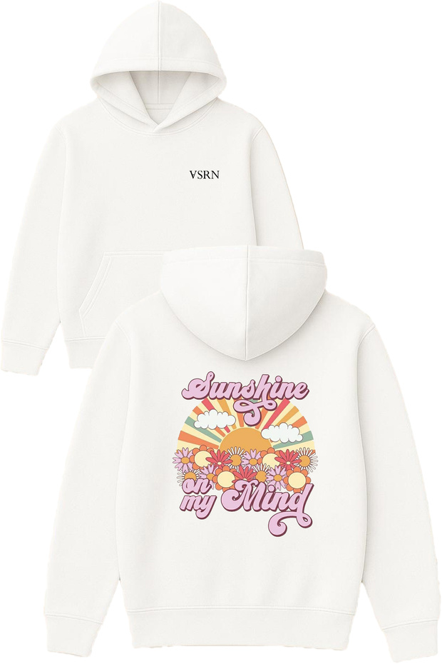 Sunshine on My Design Printed Oversized White Hooded Sweatshirt