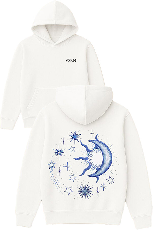 Moon and Sun Design Printed Oversized White Hooded Sweatshirt