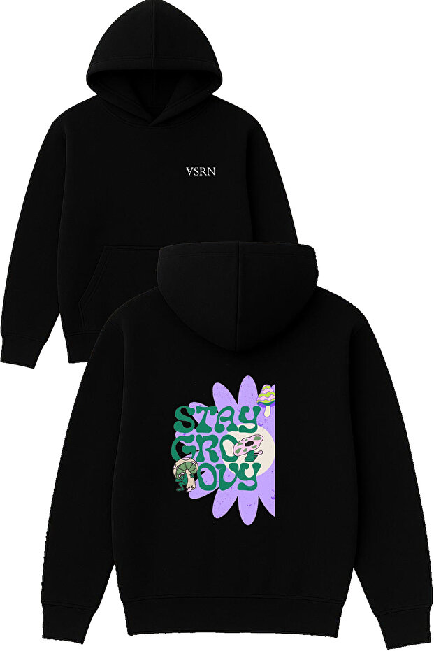 Stay Groovy Design Printed Oversized Black Hooded Sweatshirt