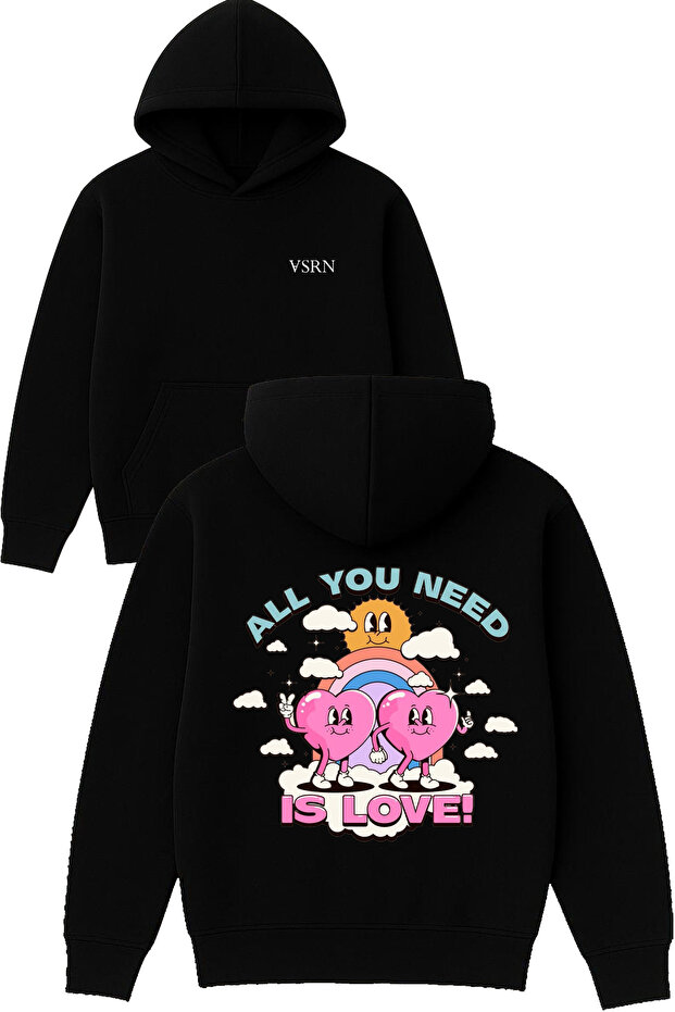 All You Need Design Printed Oversized Black Hooded Sweatshirt