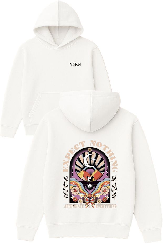 Expect Nothing Design Printed Oversized White Hooded Sweatshirt
