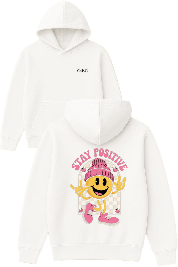 Stay Positive Design Printed Oversized White Hooded Sweatshirt