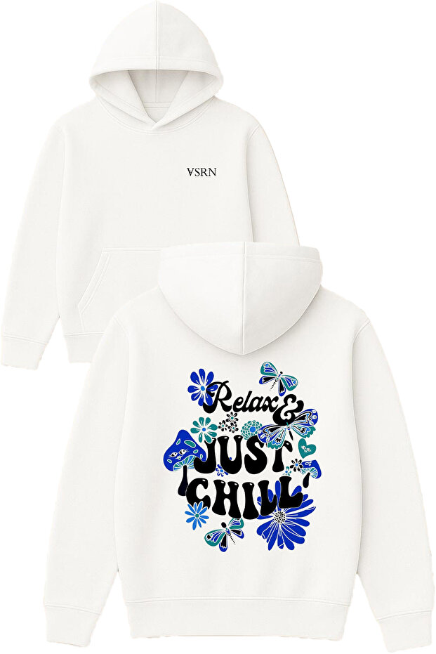 Relax Just Chill Design Printed Oversized White Hooded Sweatshirt