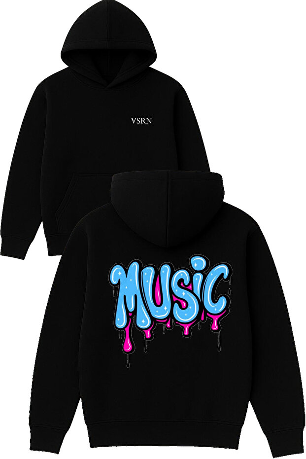 Musıc Blue Design Printed Oversized Black Hooded Sweatshirt
