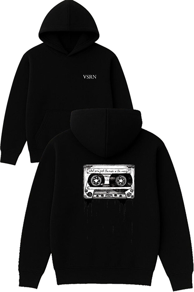 Cassette Design Printed Oversized Black Hooded Sweatshirt