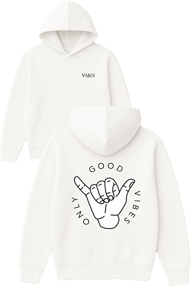 Good Vibes Only Hand Design Printed Oversized White Hooded Sweatshirt