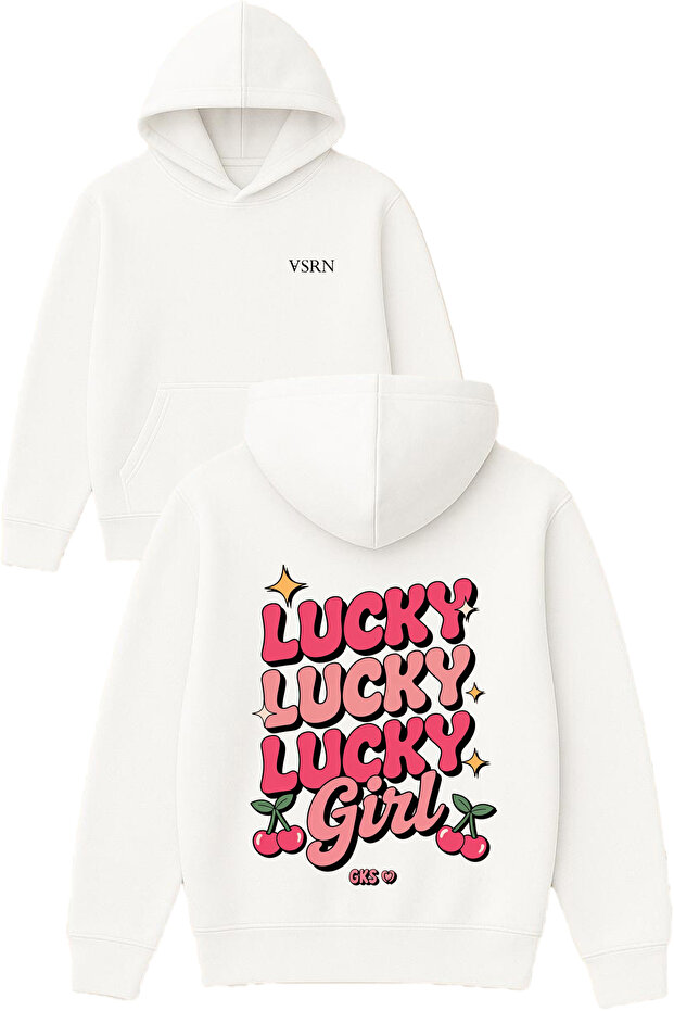 Lucky Lucky Design Printed Oversized White Hooded Sweatshirt