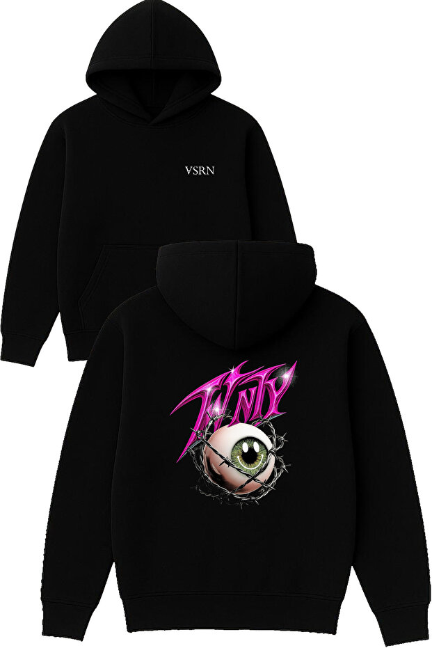 Twenty Design Printed Oversized Black Hooded Sweatshirt