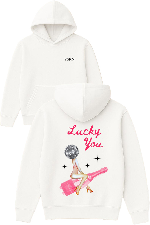 Lucky You Design Printed Oversized White Hooded Sweatshirt
