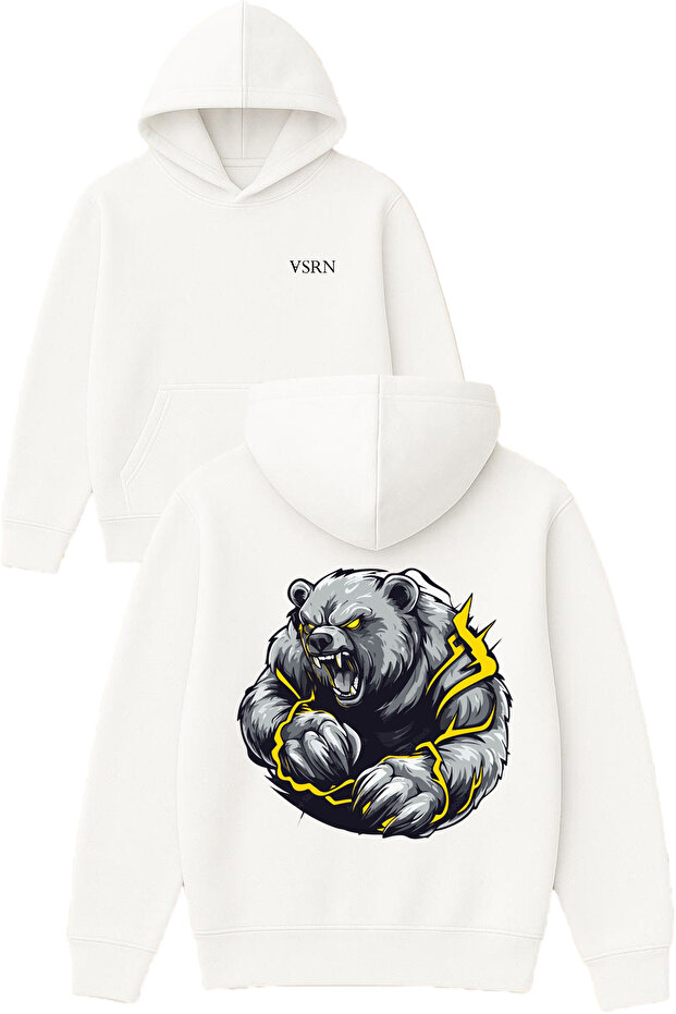 Strong Bear Design Printed Oversized White Hooded Sweatshirt