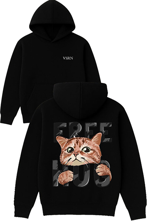 Free Hug Design Printed Oversized Black Hooded Sweatshirt