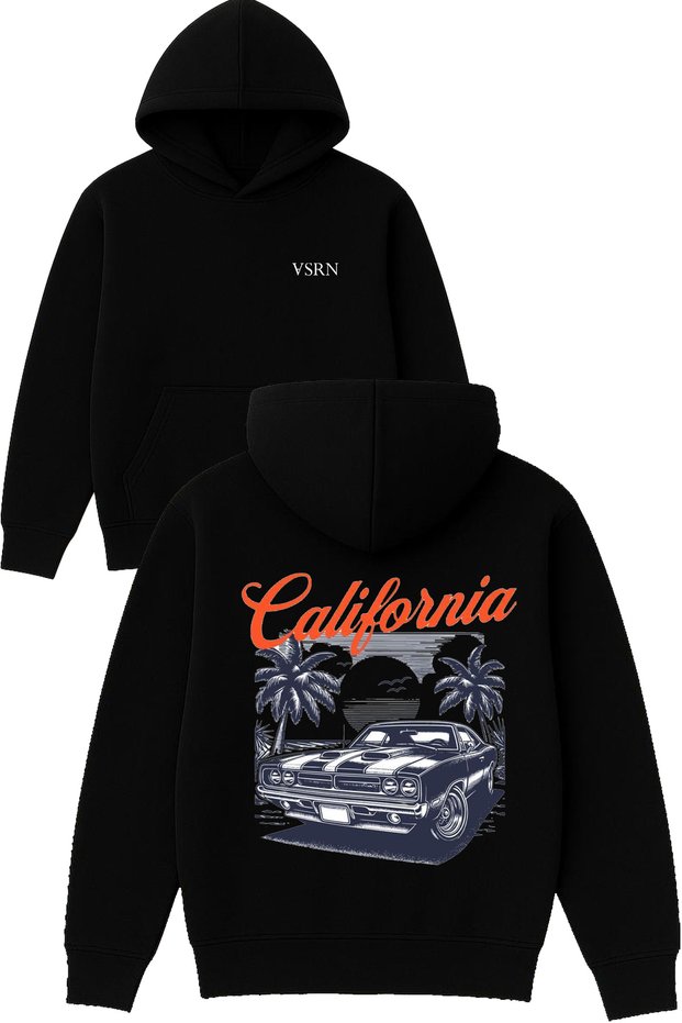 California Palm Tree Design Printed Oversized Black Hooded Sweatshirt