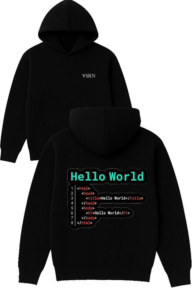 Hello World Design Printed Oversized Black Hooded Sweatshirt