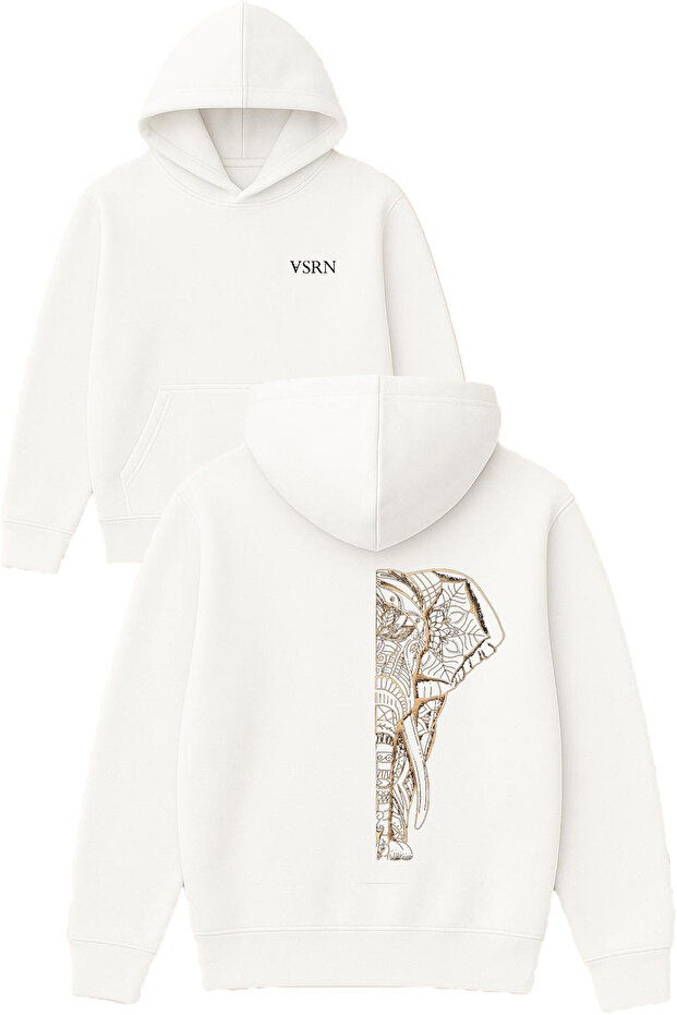 Elephant Design Printed Oversized White Hooded Sweatshirt