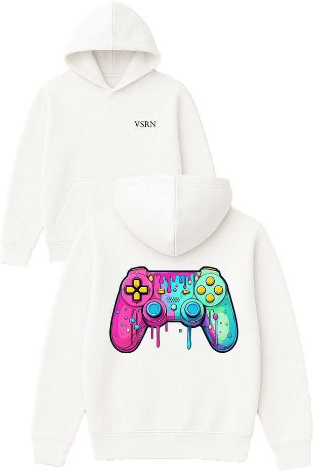 Game Handle Design Printed Oversized White Hooded Sweatshirt