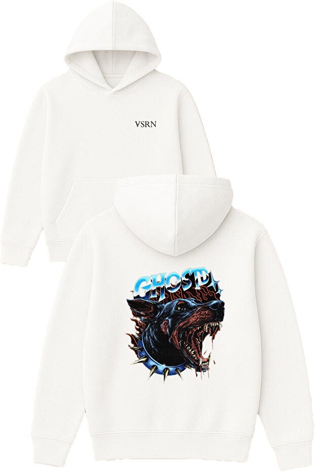 Ghostd Design Printed Oversized White Hooded Sweatshirt