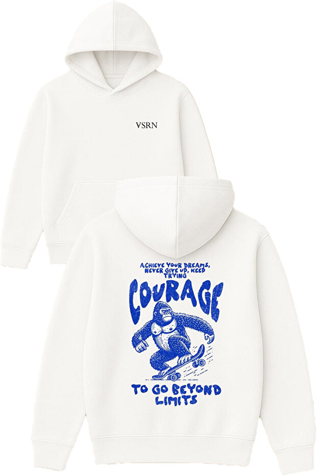 Courage Tasarım Printed Oversized White Hooded Sweatshirt