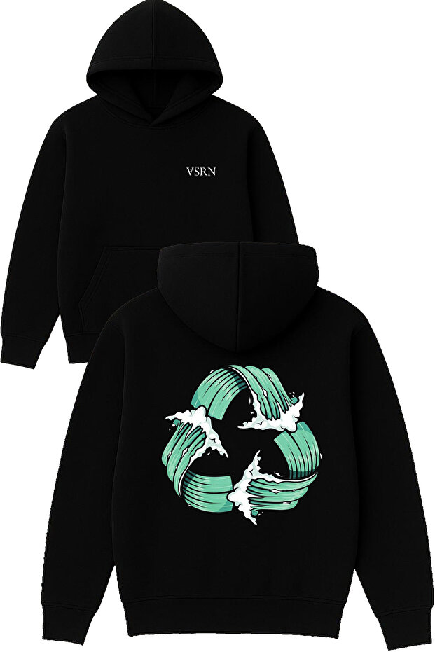 Recycling Design Printed Oversized Black Hooded Sweatshirt