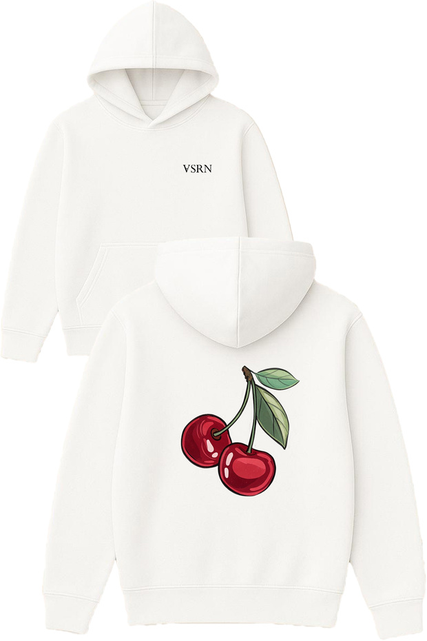 Cherry Design Printed Oversized White Hooded Sweatshirt