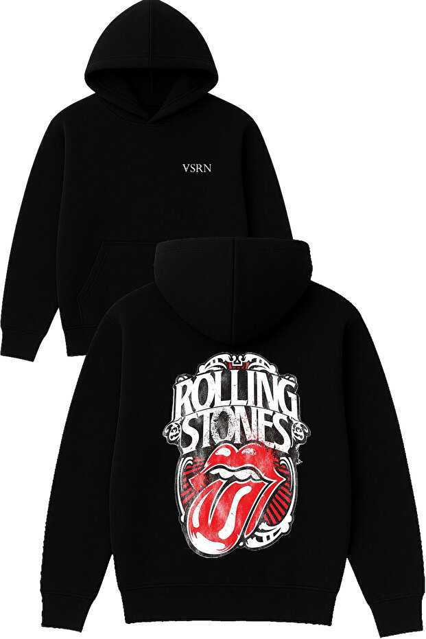 Rolling Design Printed Oversized Black Hooded Sweatshirt